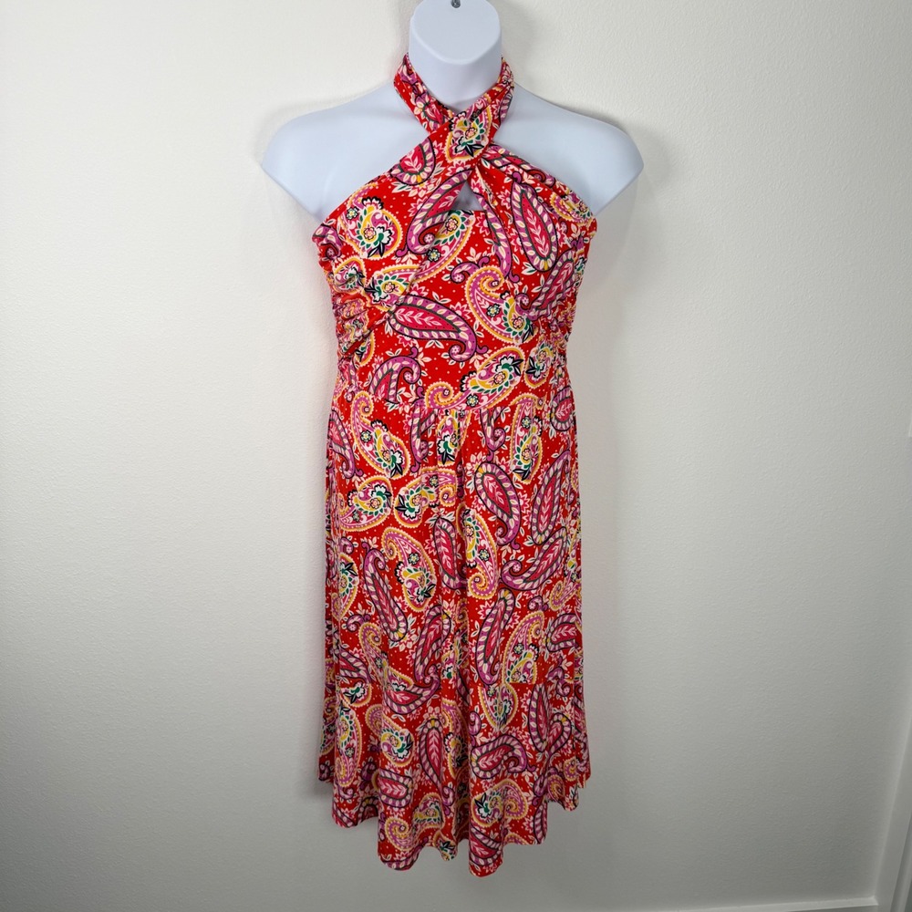Boden Red Paisley Halter Neck Jersey Smocked Dress J0435 US 12L Lilah Multi-way
